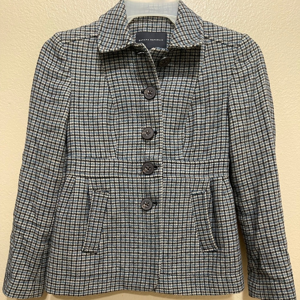 Banana Republic Houndstooth Peplum Jacket Linen Wool Blend.